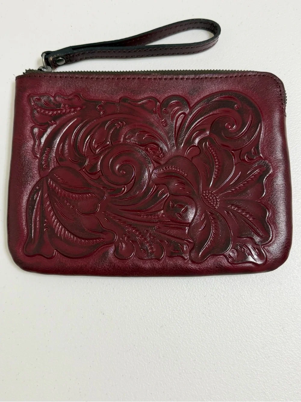 Patricia Nash Oxblood Tooled Leather Wristlet P349244 Floral Continental Pouch